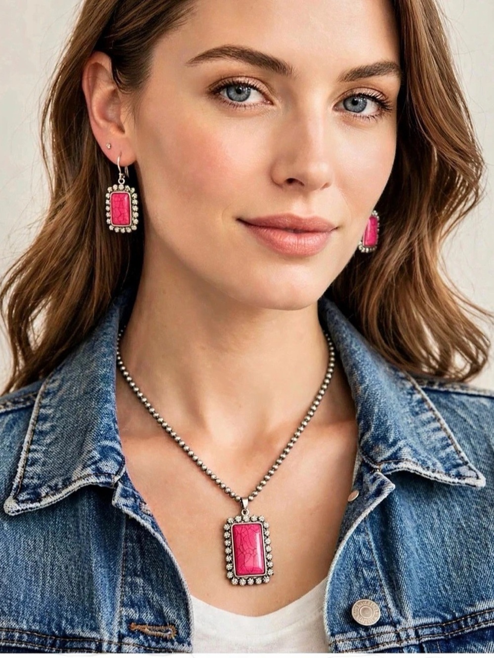 Pink Statement Pendant Necklace and Earrings set